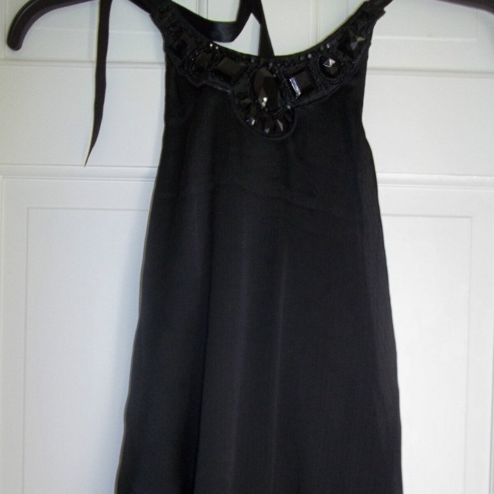 NEW 6 DEGREES JUNIORS MEDIUM BLACK HALTER NECK TOP TANK SHIRT BEADED JEWELS